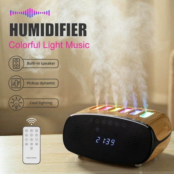 Bluetooth Music Humidifier with Clock, Remote, and Color-Changing Lights Quiet Ultrasonic Cool Mist Diffuser with 6 Spray Heads for Home, Office, and Bedroom