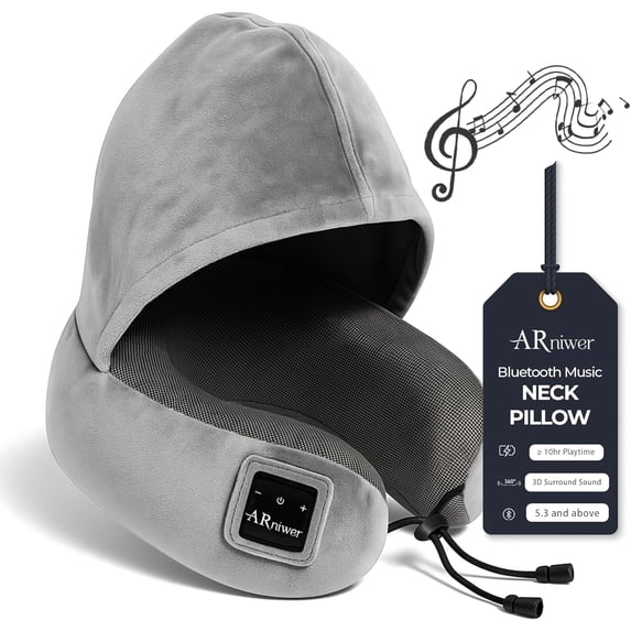 Bluetooth Music Semicircular Neck Pillow with Hood Wireless Bluetooth Speaker Suitable Airplane,Car,Office,and Outdoor Camping for Sleeping, Resting The Best Travel Essentials. (Light Gray)