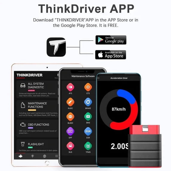 Bluetooth OBD2 Scanner: Full-System Car Code Reader Diagnostic Tool, Compatible with iOS & Android, Engine Light Fault Code Reader & Scan Tool for Vehicles Since 1996 - THINKDRIVER