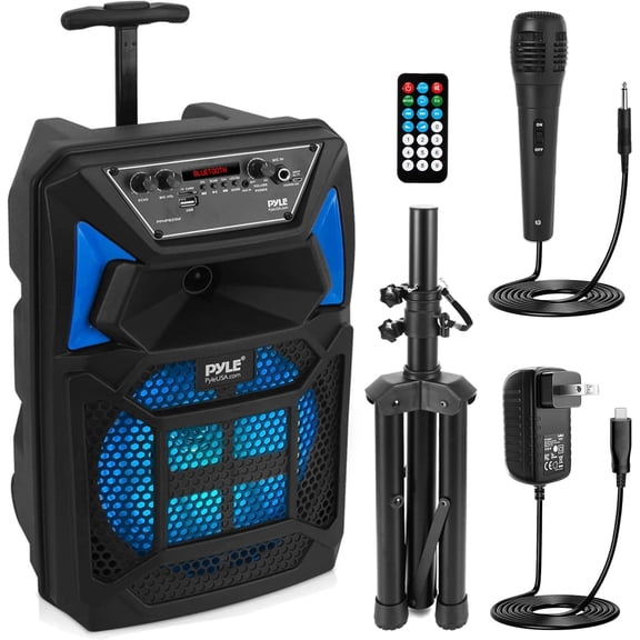 Bluetooth PA Speaker & Microphone System - Portable Karaoke Speaker with Wired Mic, Built-in LED Party Lights, FM Radio, MP3/USB/Micro SD Readers, Speaker Stand (8 Subwoofer, 400 Watt MAX)