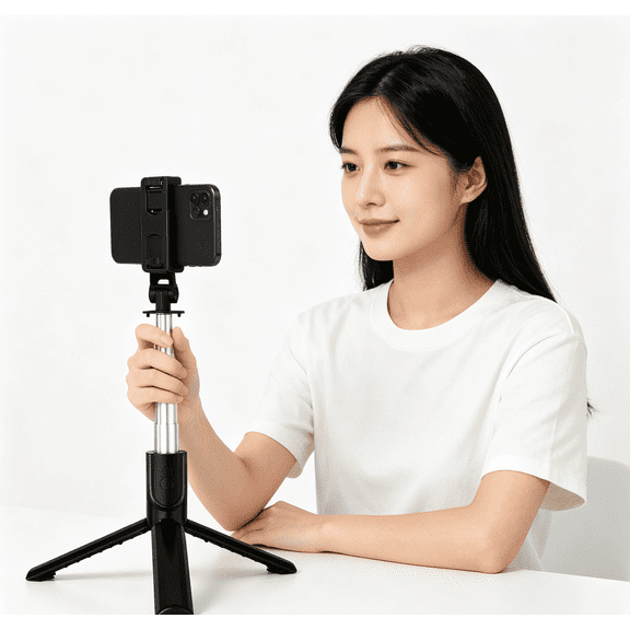 Bluetooth Phone Tripod Selfie Stick, Extendable Foldable Cell Phone Stand with Wireless Remote, 360 Rotating Smartphone Holder for iPhone & Android, Portable Tripod for Selfies, Video Recording, Liv