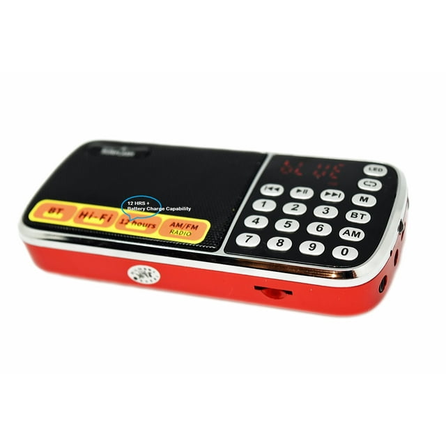 Bluetooth Portable Rechargeable Flat/Slim  Pocket Radio Speaker With Digital Tuner AM FM Radio USB // SD // Aux // Headphones -  Jack (RED) Great Gift Idea!