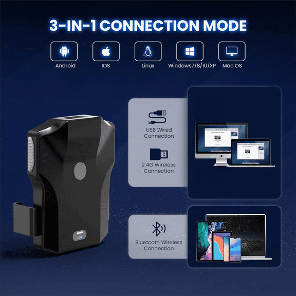 Bluetooth QR Code Scanner, 2D Wireless Back Clip Phone UPC USB Barcode Scanner Reader with Battery Level Indicator Compatible with 4.7"-7.2" Android Phone, iPhone for Book Library Inventory$$Office