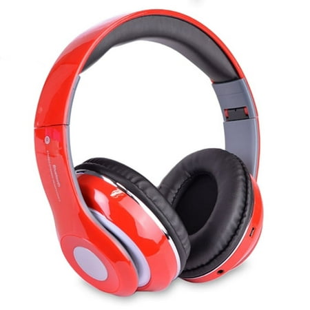 Bluetooth Rechargeable Over Ear Headset Foldable Wireless Wired Headphones with Memory Card Slot Built-In FM Tuner Microphone Audio Cable for Phone TV Computer MP3 Player - Red