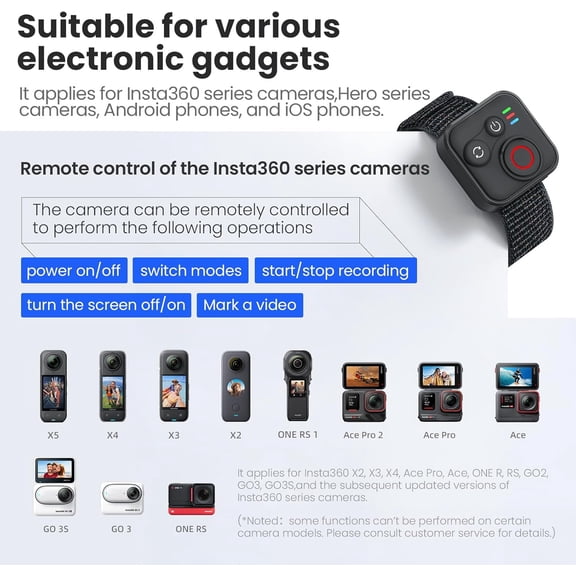 Bluetooth Remote Control Compatible with X5/X4/X3/Go 3S/ACE pro 2/ACE Pro/ONE X2/ Hero 8/9/10/11/12 Cameras and Phones - 50M Range Smart Action Accessories