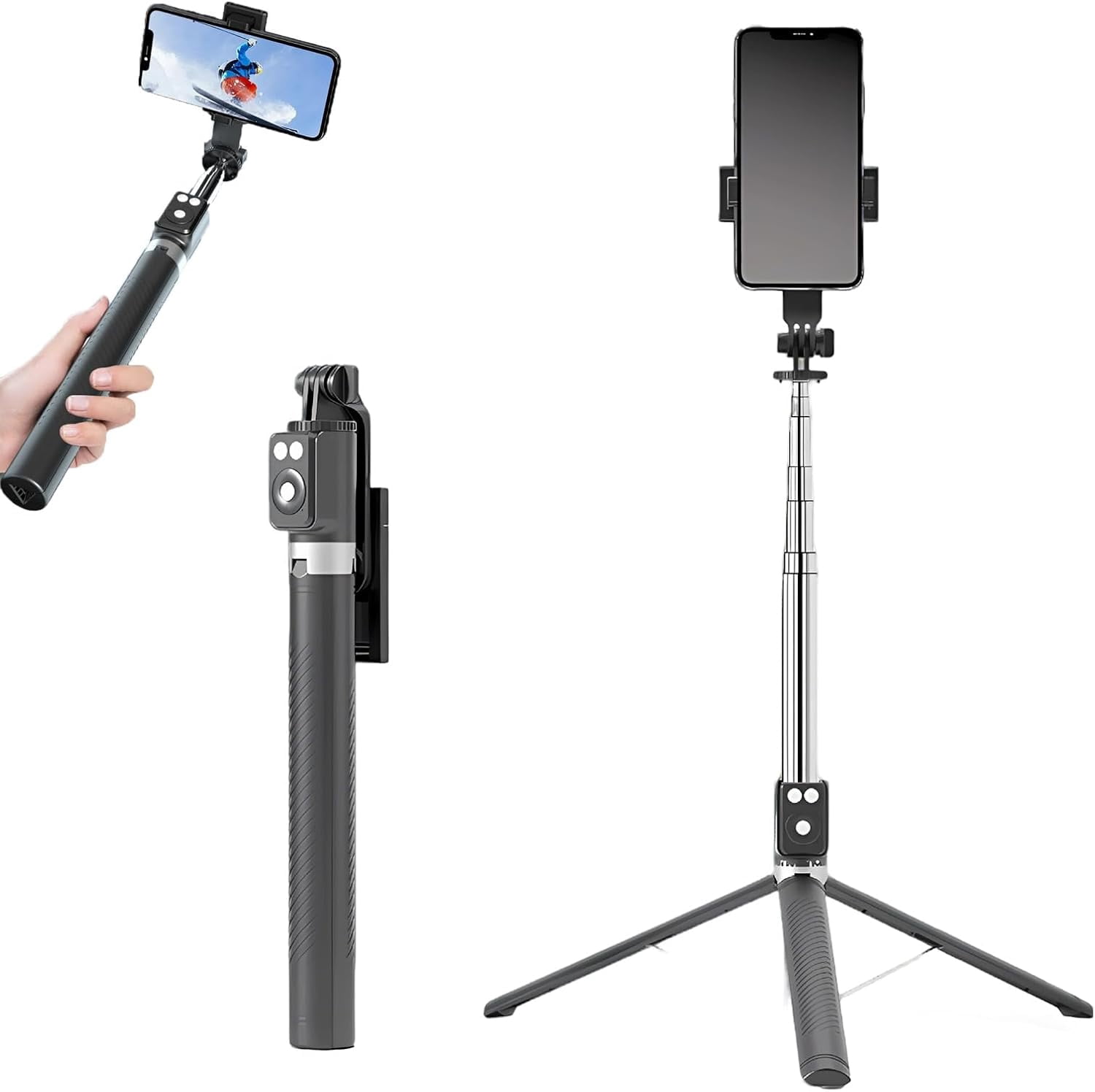 Bluetooth Selfie Stick Tripod 3 in 1 - Extendable Phone Stand with Wireless Remote & 360° Rotation, Portable Travel Tripod for iPhone, Android, Vlogging, Video Calls（black）