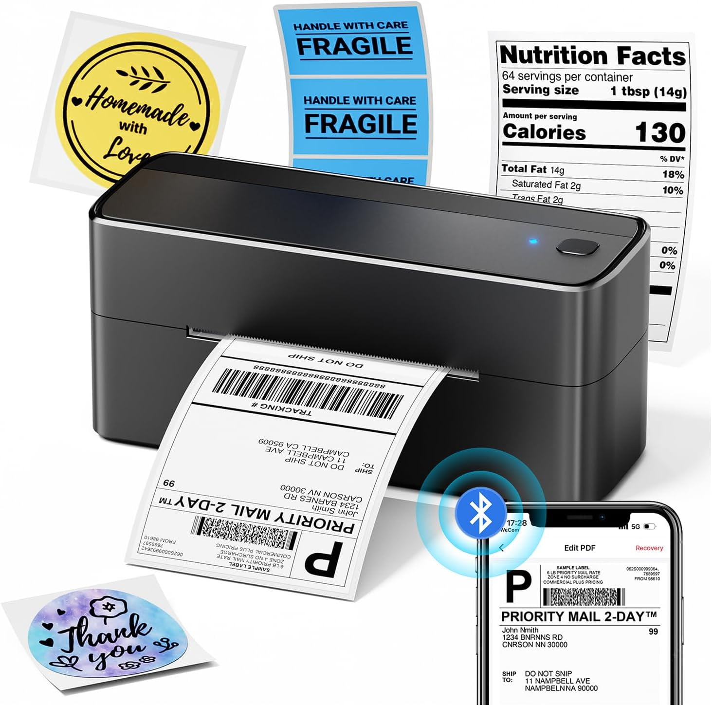 Bluetooth Shipping Label Printer, 241BT 4X6 Wireless Thermal Label Printer for Small Business, Labels Printers for Shipping Package, Compatible with iPhone, Android, Amazon, Shopify, Black
