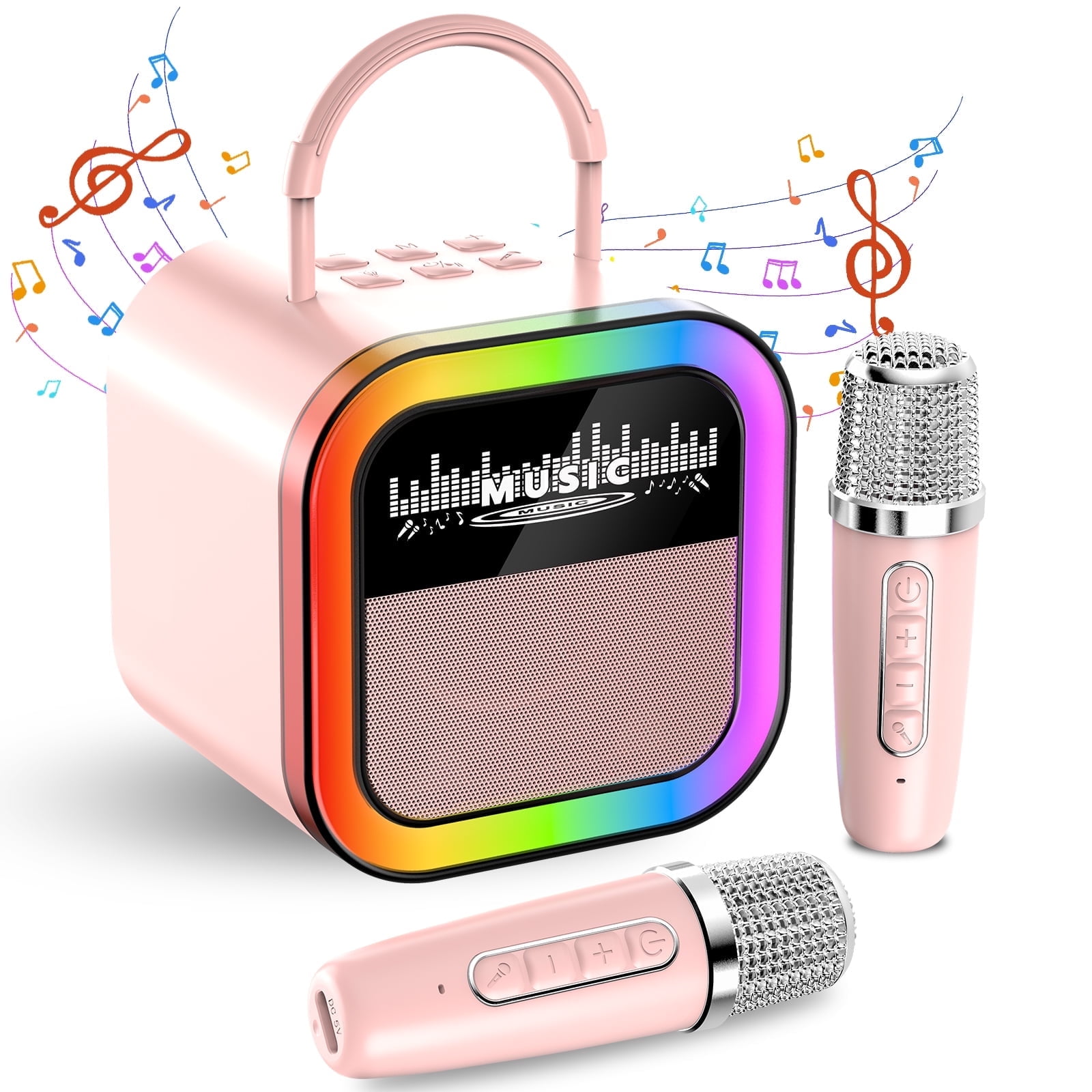 Mini Karaoke Machine for Kids Adults, Portable Bluetooth Speaker with 2 Wireless Microphones, Birthday Gifts for Ages 3-12 Year Old, Voice Changer, Portable Karaoke Machine for Family Party
