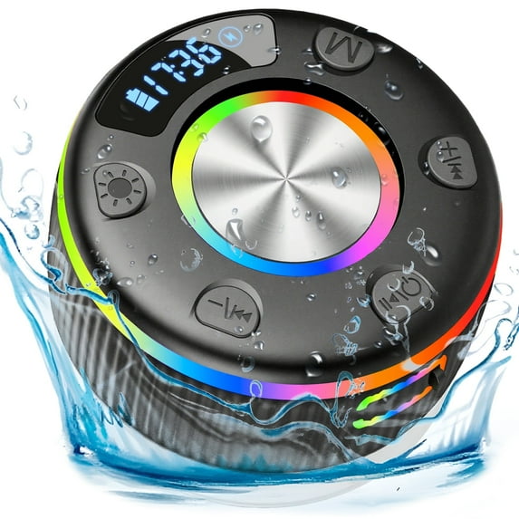 Shower Speaker, Bluetooth Speakers, IPX7 Waterproof Portable Speakers with LED Light, Speakers Bluetooth Wireless Loud Clear Sound, Suction Cup, Time Display for Home/Party/Outdoor/Beach, Gift