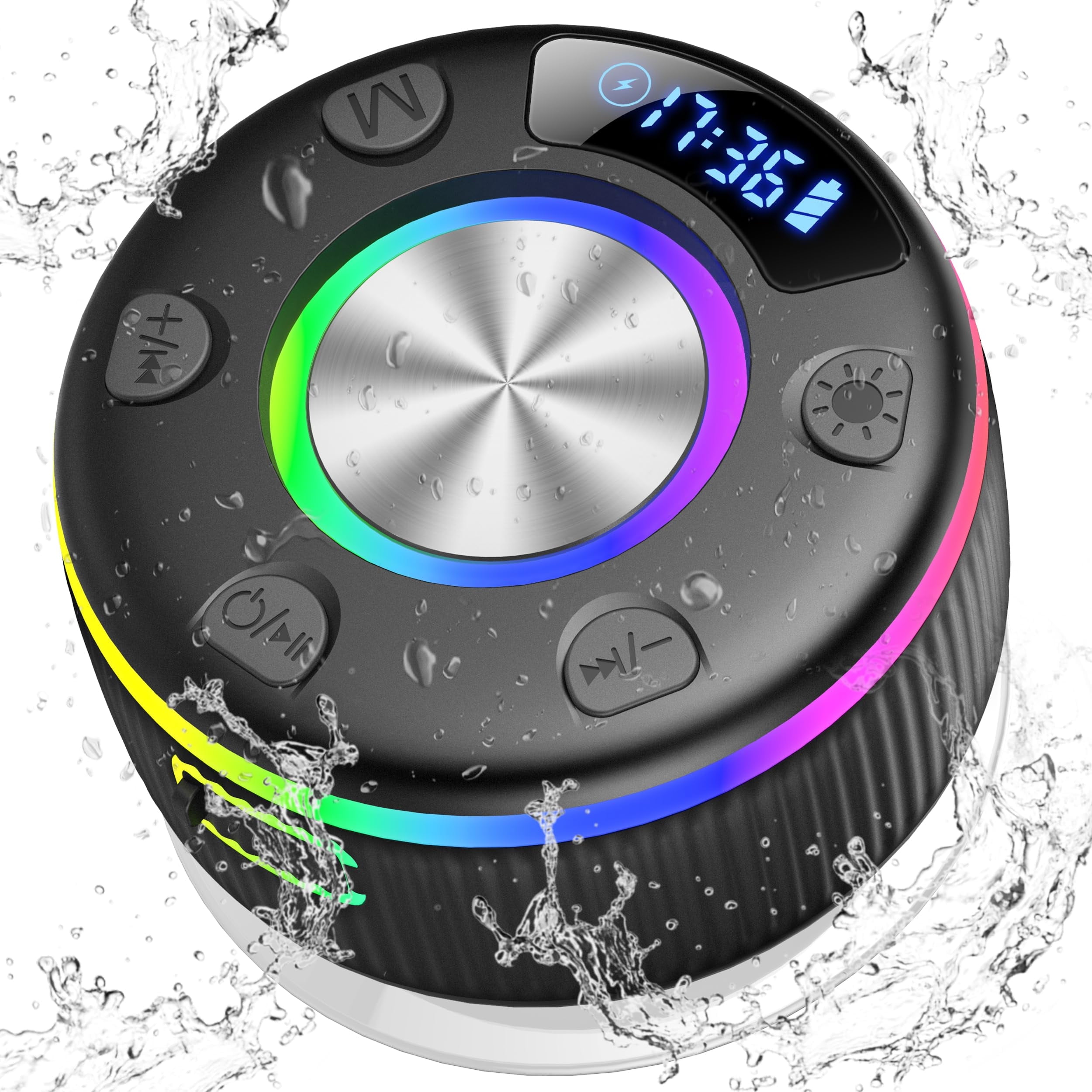 Bluetooth Shower Speaker, Portable Bluetooth Speaker Wireless with Time Display, 2024 IP7 Waterproof Speaker with RGB Lights, Stereo Bass, Radio, Mini Speaker for Bathroom, Party, Travel, Outdoor