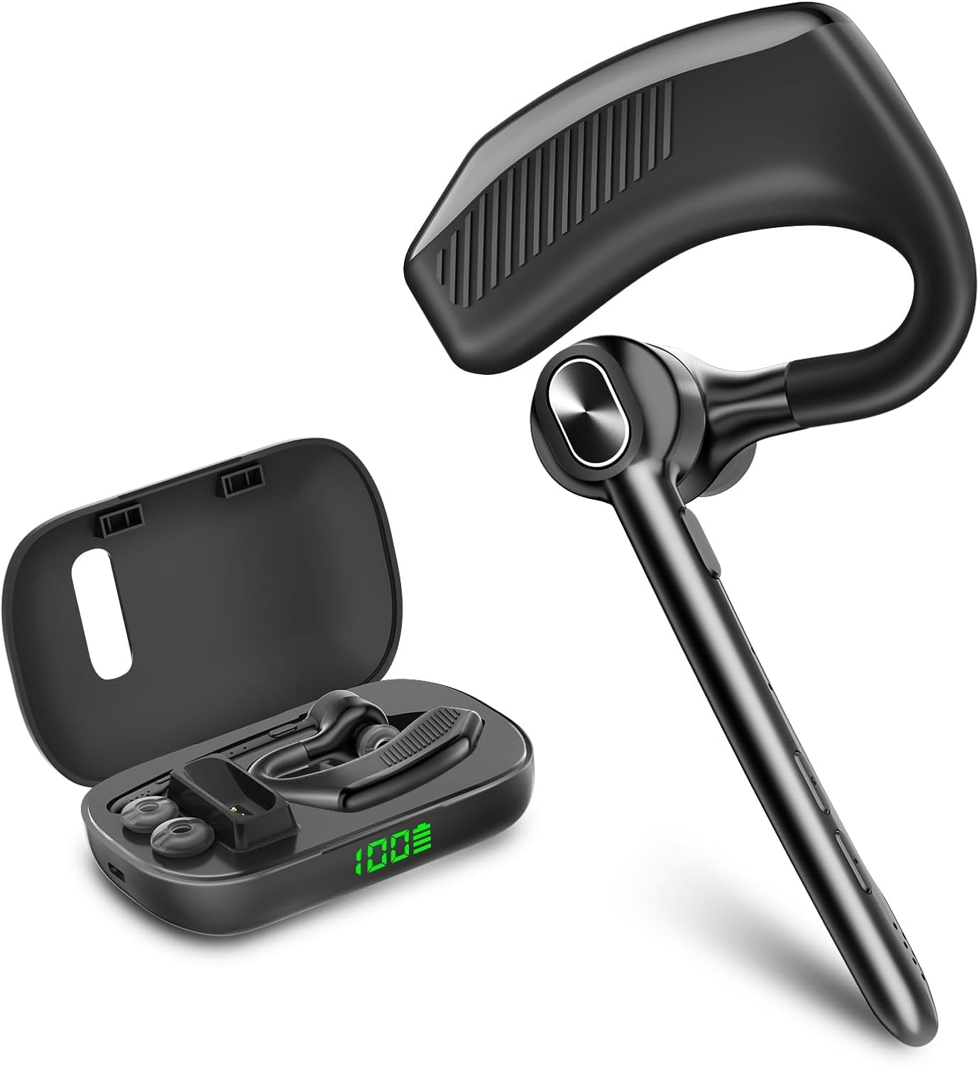 Bluetooth Single Ear Headset, 180H Playtime, 1000mAh Wireless Charging Case, LED Display, Handsfree Mic for Phone PC, Trucker & Daily Use