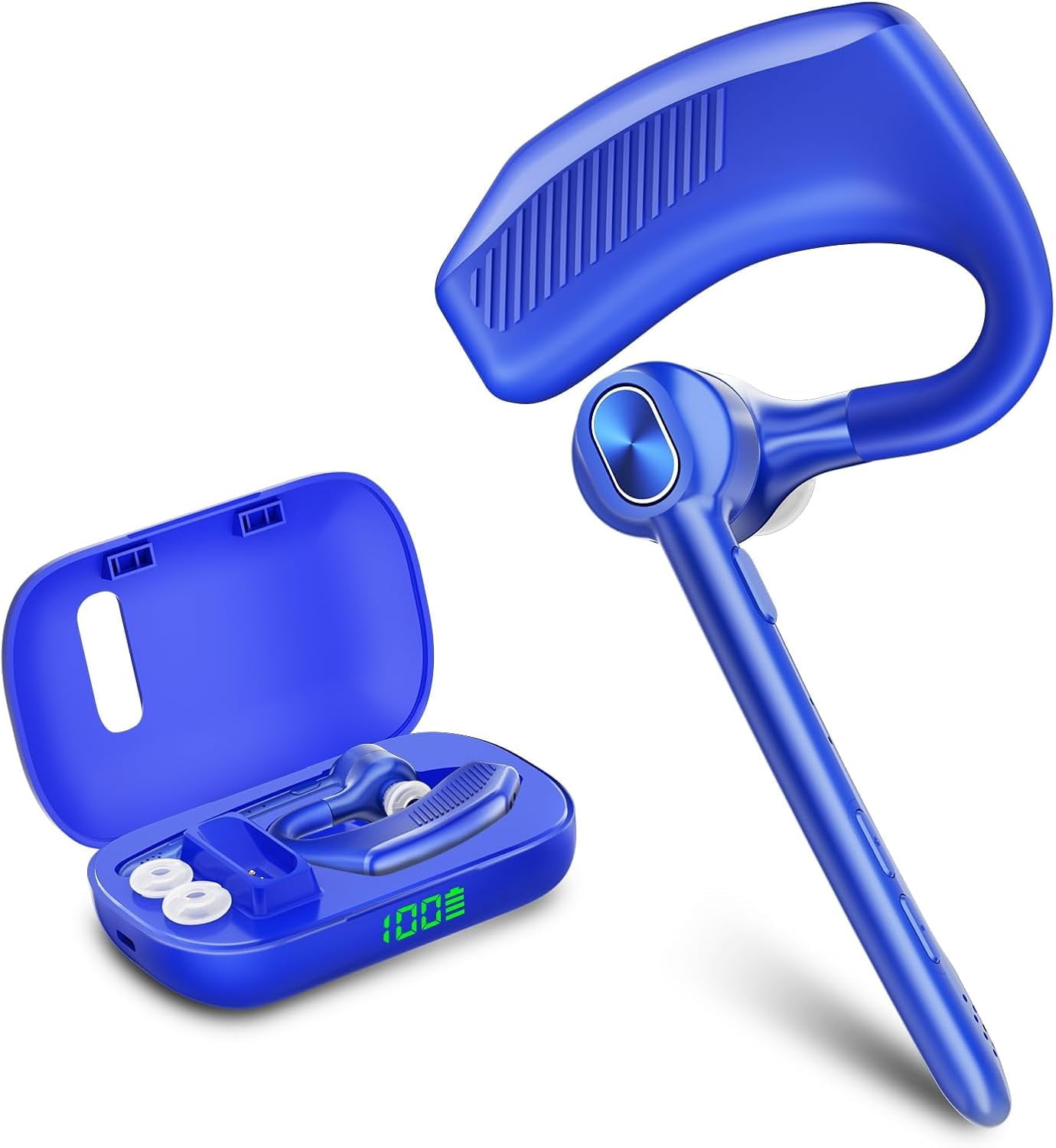 Bluetooth Single Ear Headset, 180H Playtime, 1000mAh Wireless Charging Case, LED Display, Handsfree Mic for Phone PC, Trucker Work & Gaming