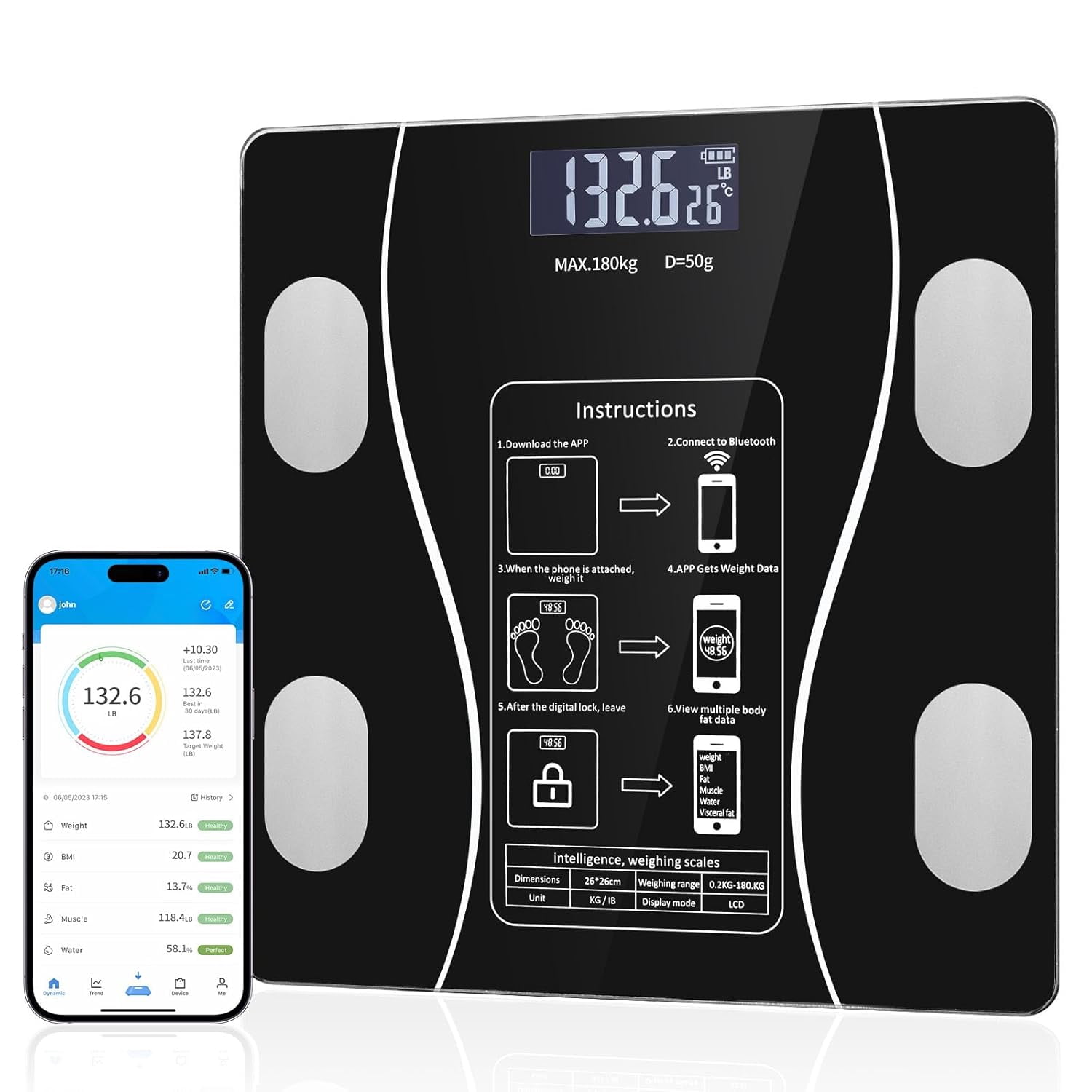 Bluetooth Smart Bathroom Scales for Body Weight Digital Scale Body Fat ...