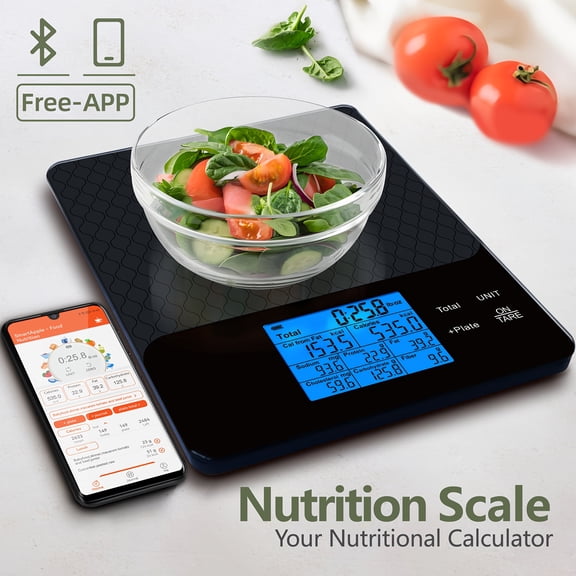 Bluetooth Smart Nutrition Food Scale, Glass Surface 22lb Max Weight, Free Sync App Tracks Calories Macros, Precision Weigh Scale for Meal Prep Weight Management Fitness Tracking