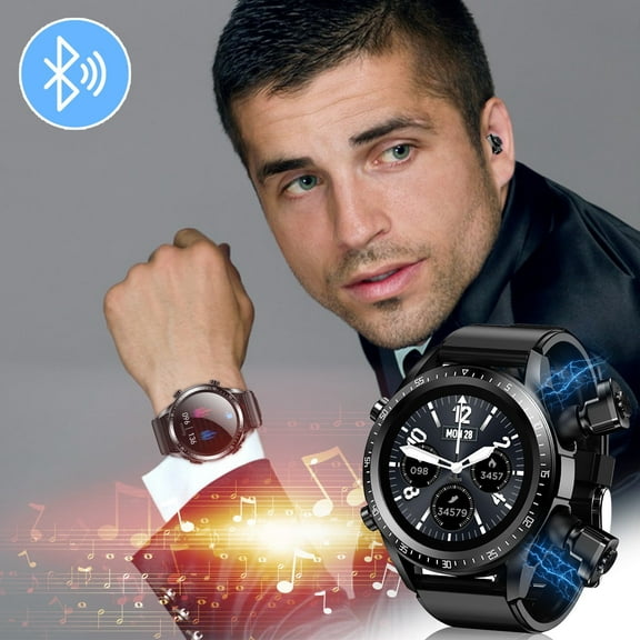 Bluetooth Smart Watch with Earbuds, Round Fitness Watch with Pedometer, Calories, Sleep Monitor, Stress Monitor for IOS and Android, Smart Watch