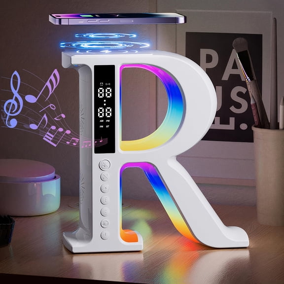 Bluetooth Speaker with 10W Wireless Charger, 5-in-1 Desktop Companion: RGB Night Light, LED Clock, White Noise Machine for Bedroom, Nursery, Home Office (White)