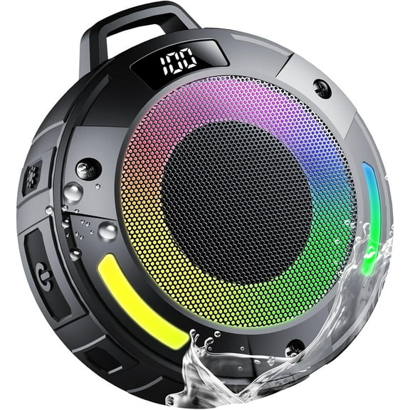 Bluetooth Speaker, 2025 Portable Wireless Shower Speaker, Digital Display Portable Speaker with Detachable hook ,IPX7 Waterproof with LED Light, HD Sound & Bass for Bathroom, Pool, Beach & Outdoor