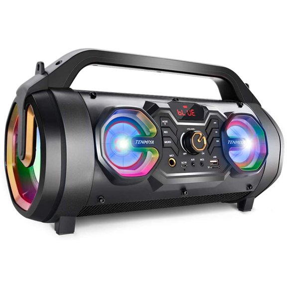 Bluetooth Speaker, 30W Portable Bluetooth Boombox with Subwoofer, FM Radio, RGB Colorful Lights, EQ, Stereo Sound, Booming Bass, 10H Playtime Wireless Party Speaker for Home, Outdoor, Travel, Camping