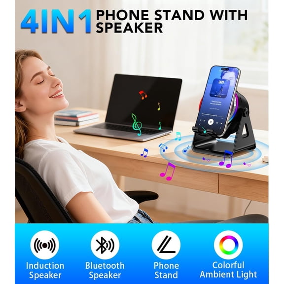 Bluetooth Speaker, 4-in-1 Wireless Induction Speaker & RGB Light Stand Multi-Functional Phone Stand Instant-Connect Stereo Sound, 360 Adjustable Holder for iPhone/Android/iPad/Samsung (Black)