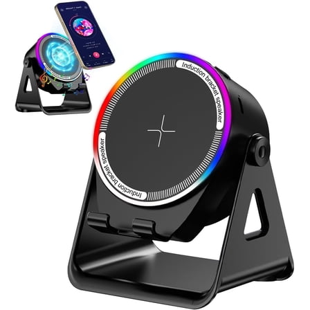 Bluetooth Speaker, 4-in-1 Wireless Induction Speaker & RGB Light Stand Multi-Functional Phone Stand Instant-Connect Stereo Sound, 360 Adjustable Holder for iPhone/Android/iPad/Samsung (Black)
