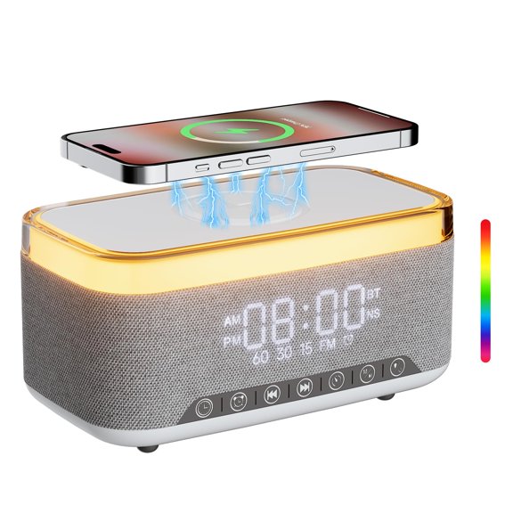 Bluetooth Speaker Alarm Clock with 10w Fast Wireless Charger for iPhone Samsung, 10W Stereo Bluetooth Speaker, 12-Color Night Light, White Noise Machine Digital Clock with FM Radio for Bedroom