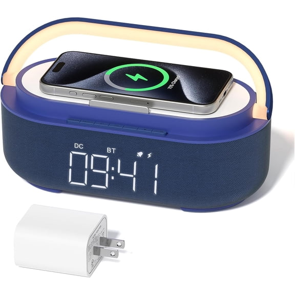 Bluetooth Speaker Alarm Clock with Wireless Charger, FM Radio, Adjustable LED Night Light, 6 in 1 Bedroom Portable 2500mAh, Phone Stand for Bedside, Home, Office, Gift (Blue)