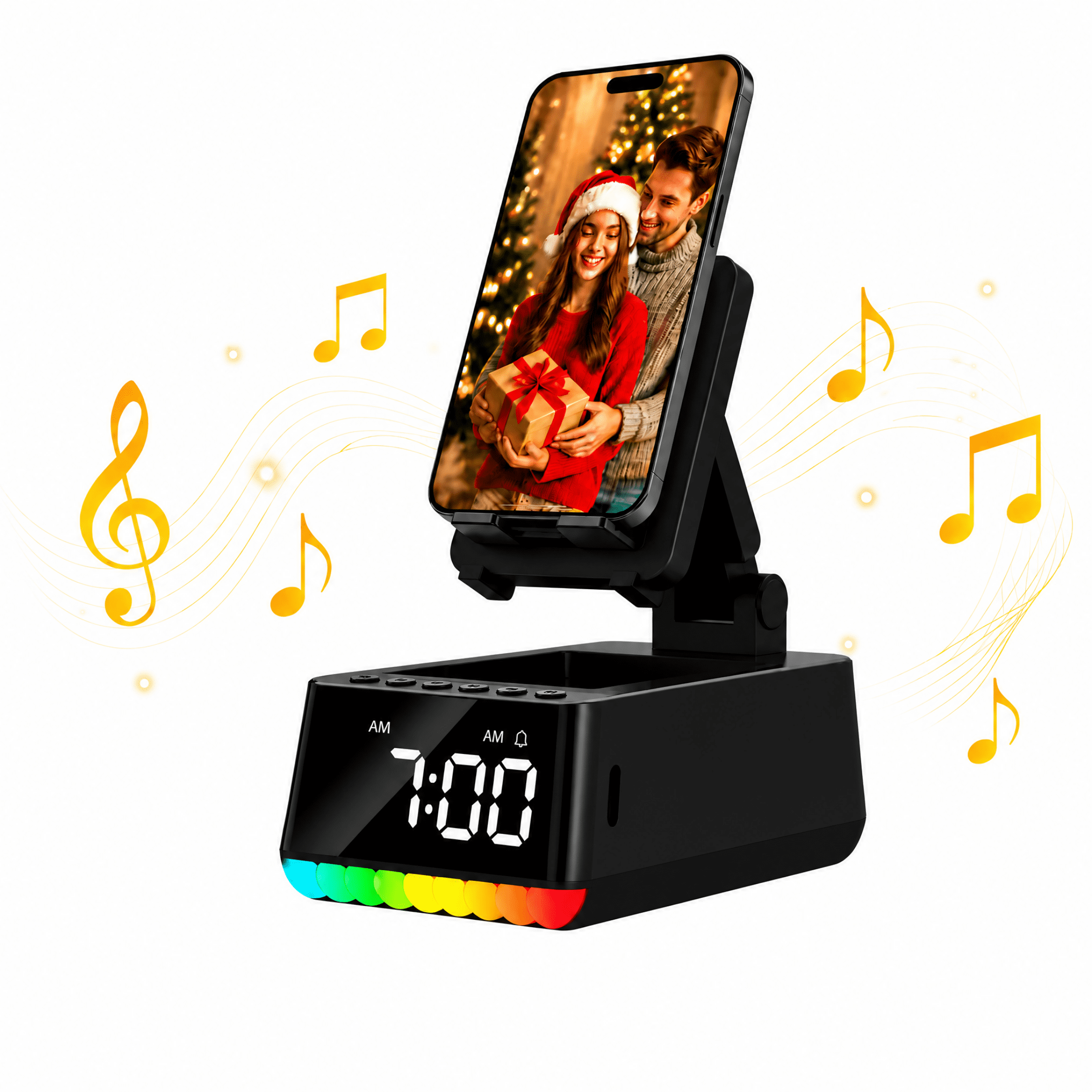 Wireless Induction Bluetooth Speaker, Phone Stand Speaker with Digital Clock & RGB Light, HD Stereo Sound, Foldable Cell Phone Stand for IPhone Android IPad, Tech Gadget Gifts for Men Women Teens