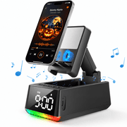Wireless Induction Bluetooth Speaker, Phone Stand Speaker with Digital Clock & RGB Light, HD Stereo Sound, Foldable Cell Phone Stand for IPhone Android IPad, Te