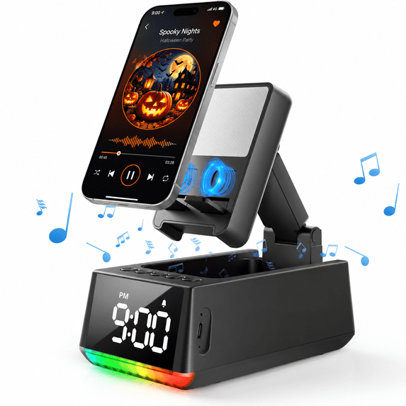 Wireless Induction Bluetooth Speaker, Phone Stand Speaker with Digital Clock & RGB Light, HD Stereo Sound, Foldable Cell Phone Stand for IPhone Android IPad, Tech Gadget Gifts for Men Women Teens
