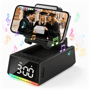 Wireless Induction Bluetooth Speaker, Phone Stand Speaker with Digital Clock & RGB Light, HD Stereo Sound, Foldable Cell Phone Stand for IPhone Android IPad, Tech Gadget Gifts for Men Women Teens