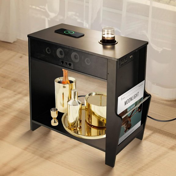 Bluetooth Speaker End Table, Smart End Table with 2 Subwoofer for DeepBass, Side Table with Charging Station, Wireless Charger, Magazine Holder and Cup Holder, Bluetooth/AUX Connection,24"Wx12"Dx24"H
