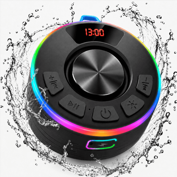 Bluetooth Shower Speaker IPX7 Waterproof, Mini Portable Speaker with Suction Cup, 360° Stereo Sound, 12H Playtime, Small Speakers Bluetooth 5.3, RGB LED, Hands-Free Calls, for Pool, Beach, Bike, Gift