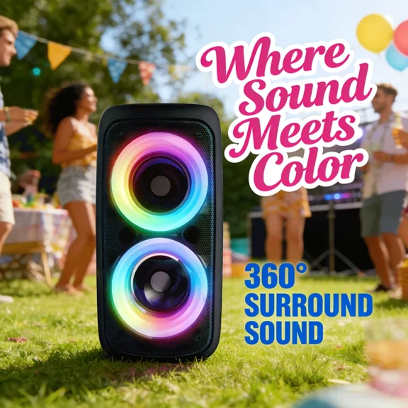 Bluetooth Speaker, Portable Wireless Speaker, High-Fidelity Stereo Speaker, with Colorful Lights, Dual Subwoofers for Deep Bass, FM Radio, MP3 Player, Supports BT/TWS/FM/USB/AUX/TF/Microphone Input