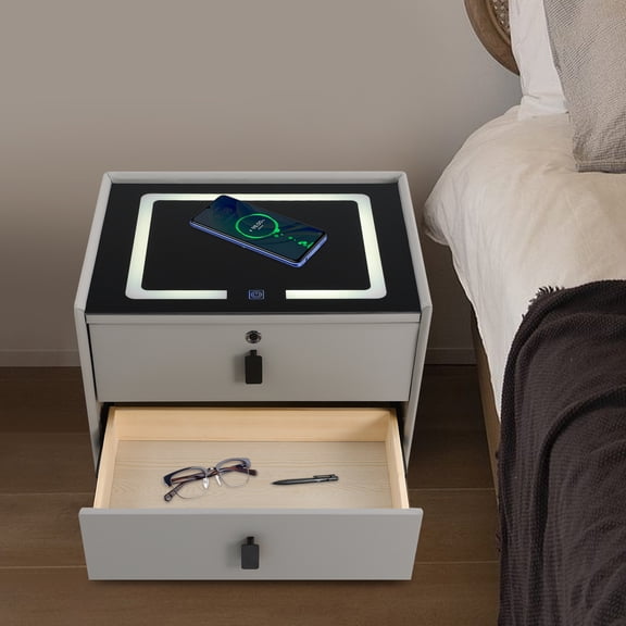 Bluetooth Speaker Smart Bedside Table, Bedside Table with Drawers, Bedside Table with Light USB& Wireless Chargin