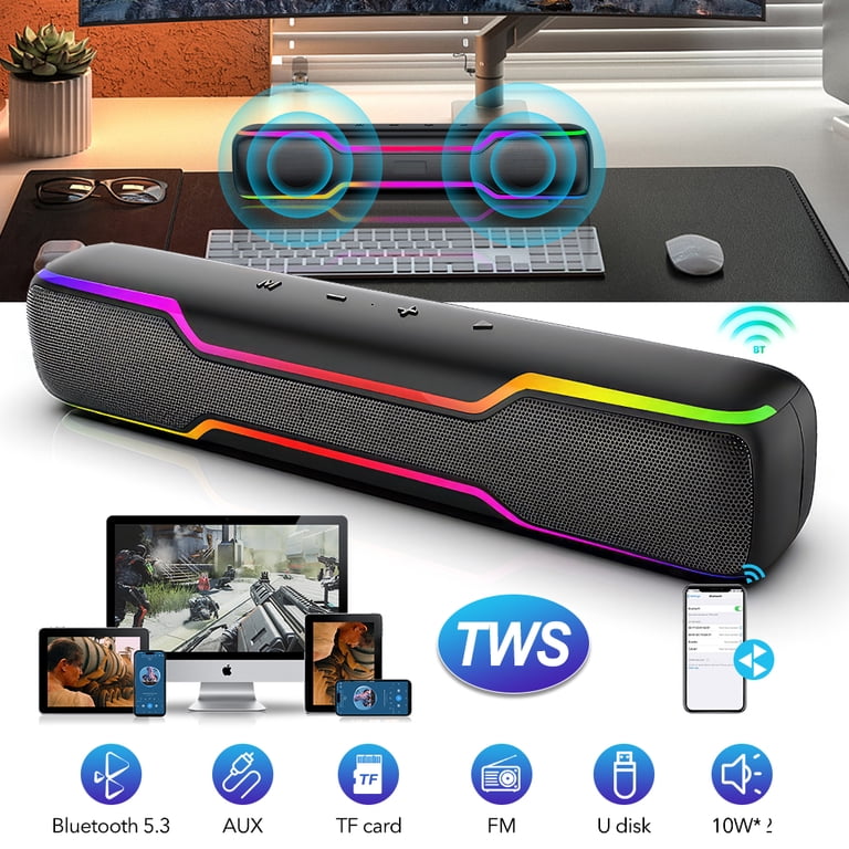 Bluetooth Speaker Soundbar, 20W PC RGB Gaming Soundbar with 3.5mm