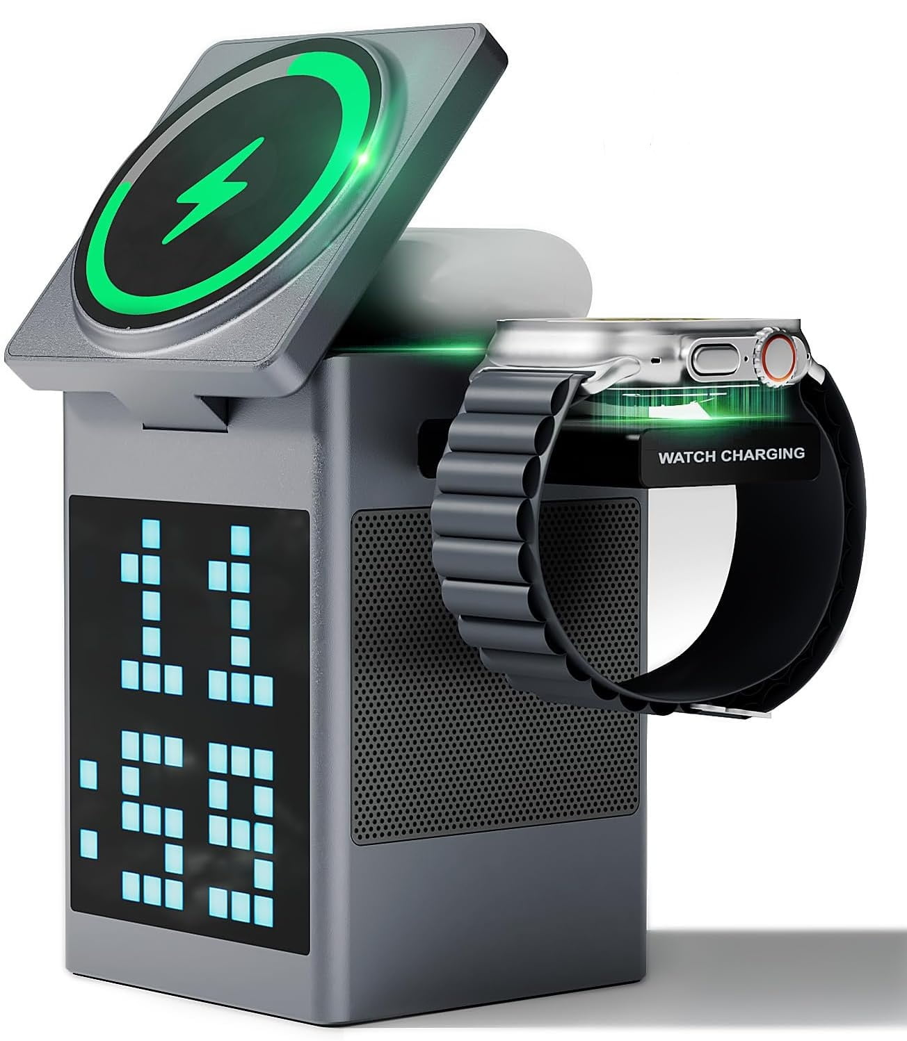 Bluetooth Speaker with Wireless Charger, Multifunctional Magnetic Wireless Charging Station with Alarm Clock Pixel Display, Ideal for Home, Bedroom, Office, Gifts