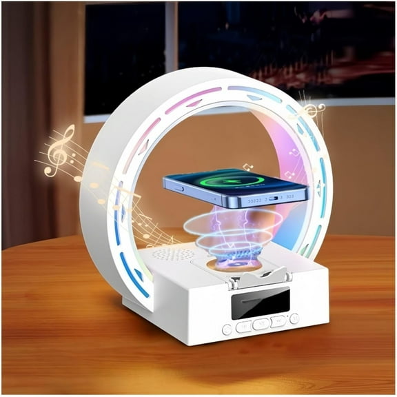 Bluetooth Speaker with Wireless Charger, RGB Night Light, Digital Clock & Phone Stand, Bedside Lamp for Bedroom, Office, Home Decor | Ideal Gifts, Multi-Device Charging, HD Sound (White)