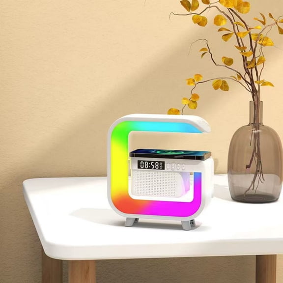 Bluetooth Speaker With Wireless Charger Digital Alarm Clock Colorful Mood Light 3-in-1 Nightstand For Bedroom Home Office Desk Decor