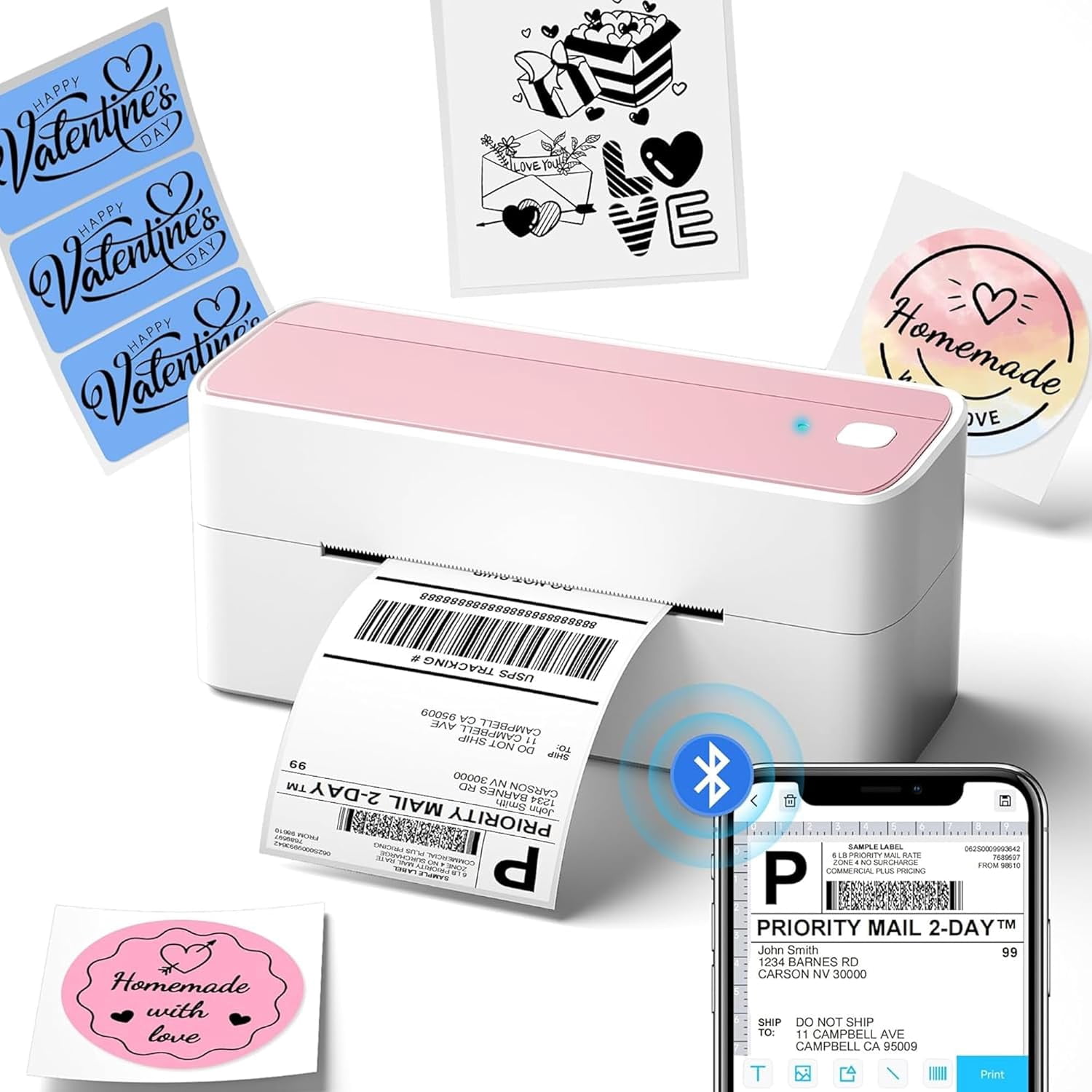 Bluetooth Thermal Label Printer, 241BT 4X6 Wireless Shipping Label Printer for Small Business, Pink Labels Printers for Shipping Package, Compatible with iPhone, Android, Shopify