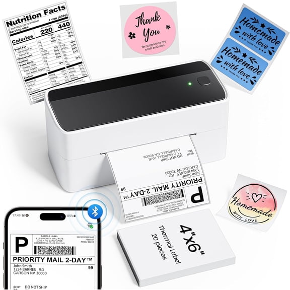 Bluetooth Thermal Label Printer for Shipping  Compatible with Android iOS Windows Mac, High Speed Direct Thermal Label Maker for Small Business Ecommerce Packaging, Includes 4x6 Labels and Stickers