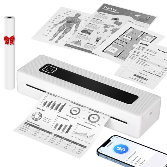 Bluetooth Thermal Printer, Portable Printer Wireless for Travel,Office&School, Includes Rolls Paper Supports US Letter,A4 Thermal Paper, Inkless Printing, Compatible with iOS,Android & Laptops