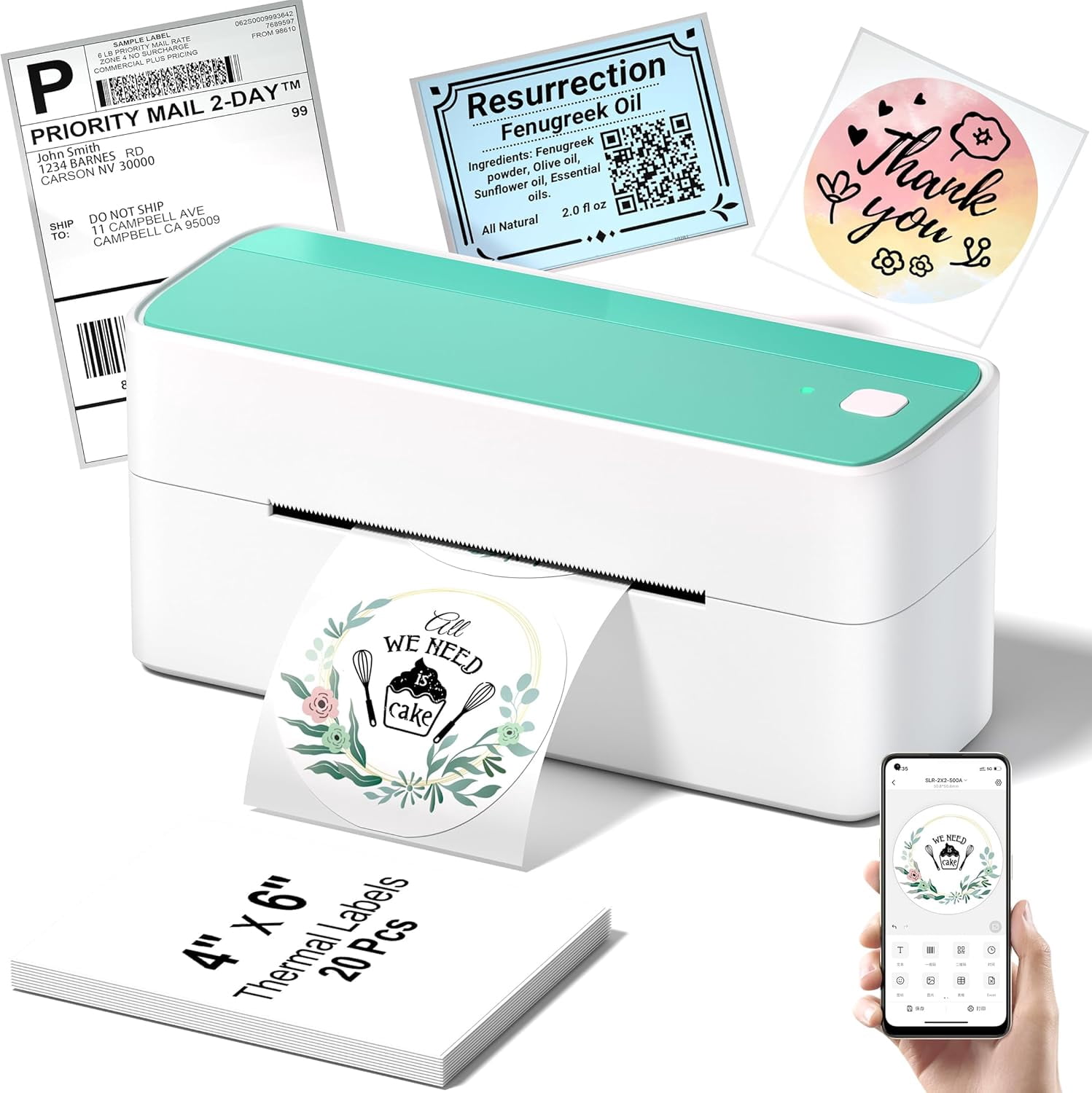 Bluetooth Thermal Shipping Label Printer, 241BT Wireless Thermal Label Printer for Shipping Packages, Inkless Thermal Shipping Label Printer, Compatible with iPhone, Android, Green
