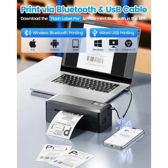 Bluetooth Thermal Shipping Label Printer, 4x6 Shipping Label Printer for Small Business, Support Android, iOS, Windows & Mac, Works with Amazon, Ebay, Shopify, Etsy