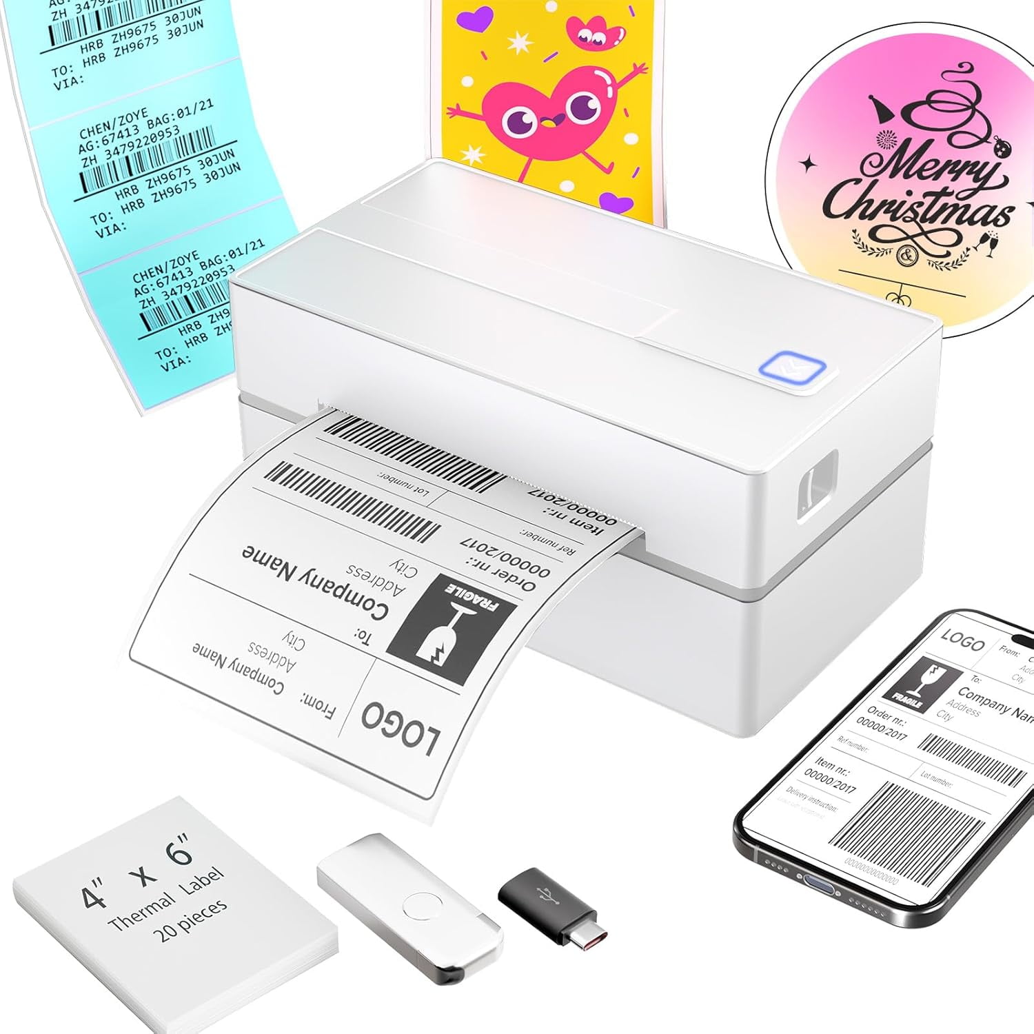 Bluetooth Thermal Shipping Label Printer: 4x6 Wireless Label Maker with Tape for Small Business - Compatible with iPhone, Android, Windows & Mac