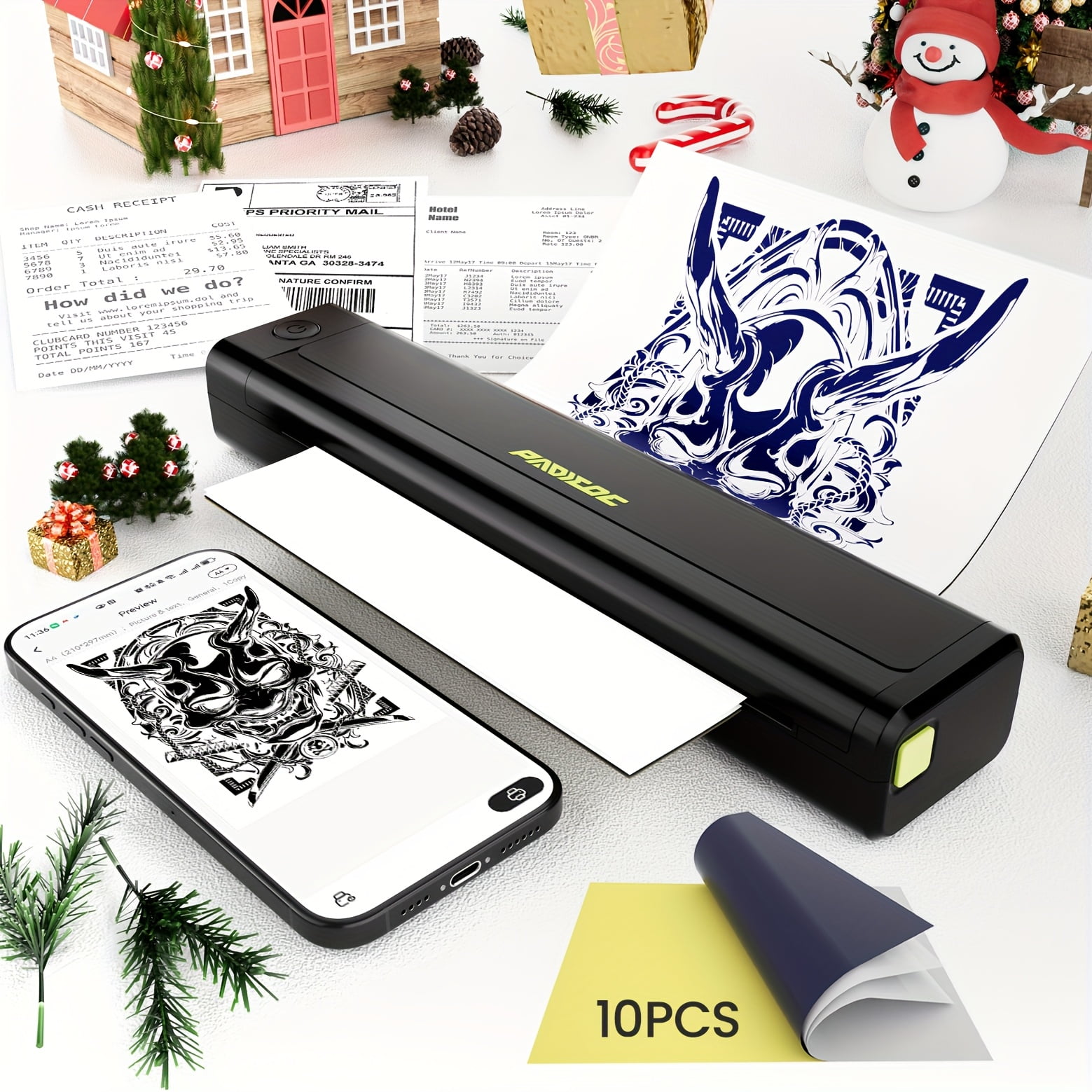 Portable Bluetooth Tattoo Transfer Printer, Inkless A4 Thermal Printer for Tattoo & Heat Transfer Paper, Compatible with Smartphone Tablet