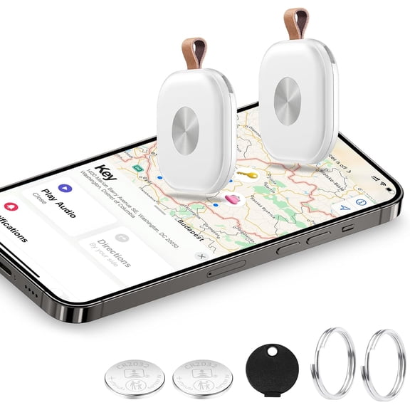 Bluetooth Tracker 2 Pack, Keys Finder and Item Locator for Keys, Bags Luggage, Suitcases and Wallet, Worldwide Tracking Tags, Works with Find My (iOS Only), White