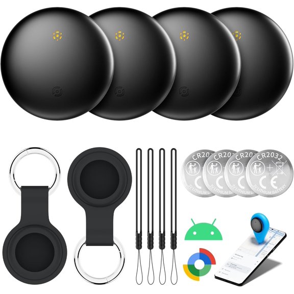 Bluetooth Tracker 4-Pack for Android & Samsung with Case, 2-Year Battery Life, Smart Tag Item Finder for Keys Wallet Luggage, IP66 Waterproof, Works with Google Find Hub (Black)