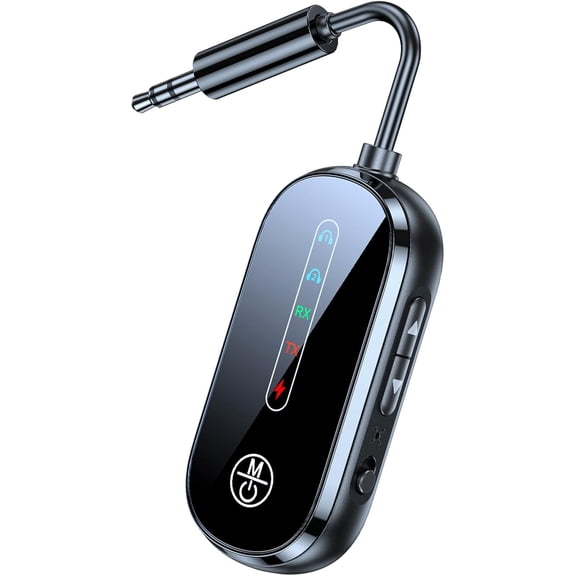 Bluetooth Transmitter Aux Receiver, Low Latency Dual Link Airplane Bluetooth Adapter for Headphones/TV/Car/PC/Gym/Home Stereo, Wireless Audio Receivers with Noise Cancelling Microphone