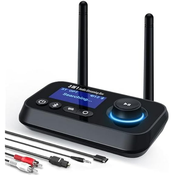 Bluetooth Transmitter Receiver 3-in-1 Bluetooth 5.3 Audio Adapter for 2 Headphones with Dual Antenna Bypass Volume Control LCD Display 3.5mm Aux/Optical/RCA for Home Stereo TV Speaker PC