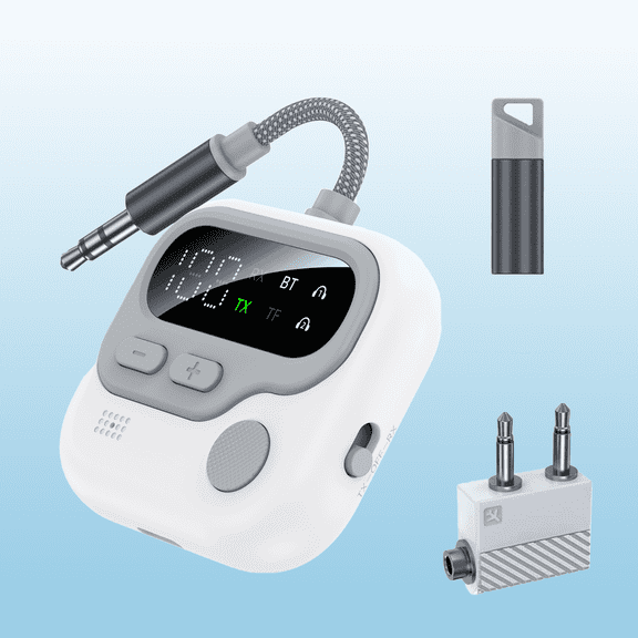 TIKBBRMG Bluetooth 5.4 Transmitter Receiver, 3.5mm AUX Airplane Bluetooth Car Adapter, Dual Link for 2 AirPods/Headphones/aptX Adaptive, Wireless Audio Transmitter for Flights, TV, Travel, Car & Gym